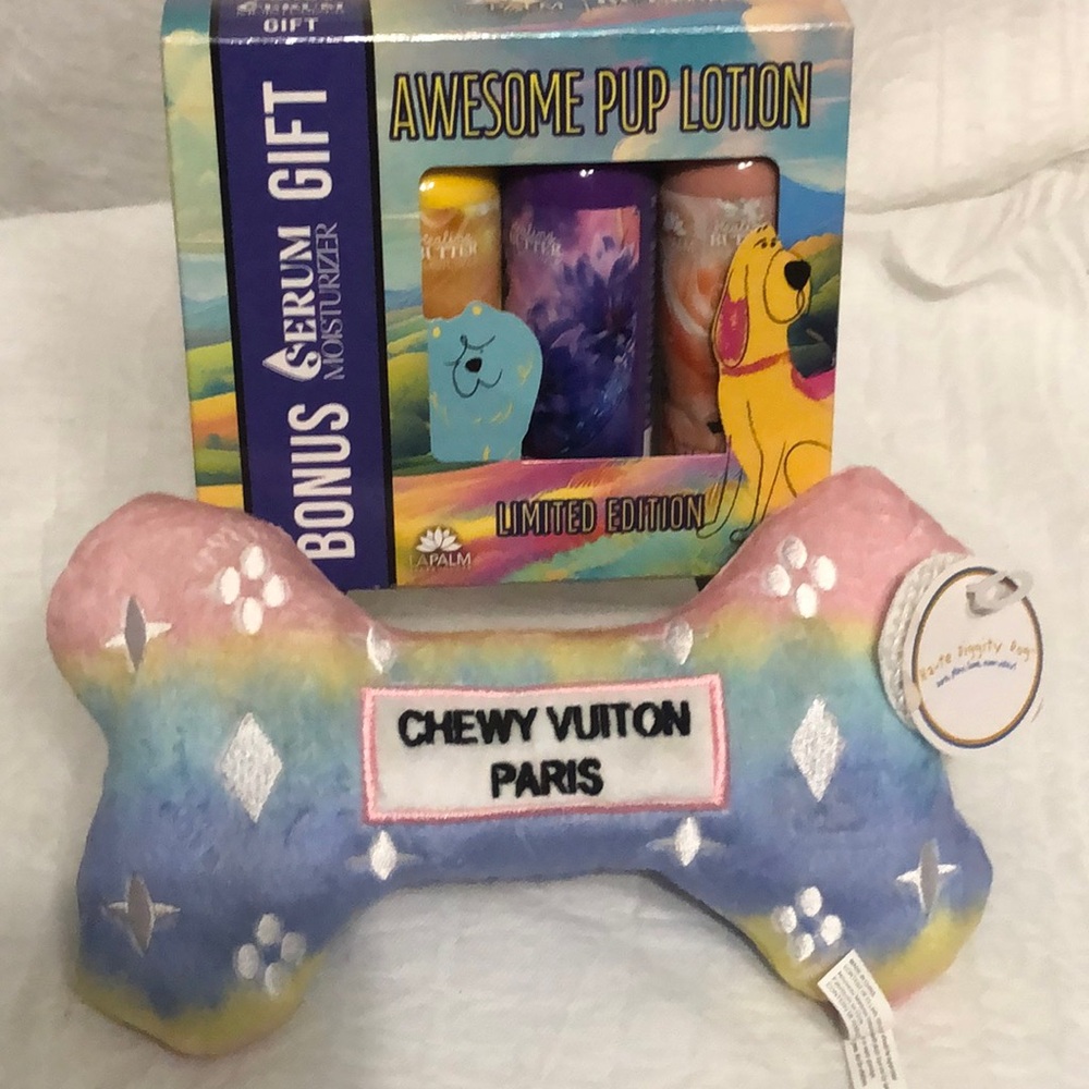 Chewy Rainbow Plush Bone Toy and Lotion Set NWT